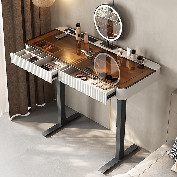 Lartis Vanity Table with Stool,Electric Lift Vanity Desk,Vanity Set，Up and Down Desk, Standing Vanity with Drawer (Ivory White, 47 in)