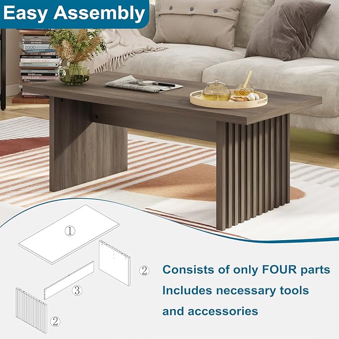 BON AUGURE Fluted Coffee Table, Wood Living Room Tables, Rectangle Coffee Tables for Living Room, Center Table for Home, Office (Greige Oak, 43Inch)