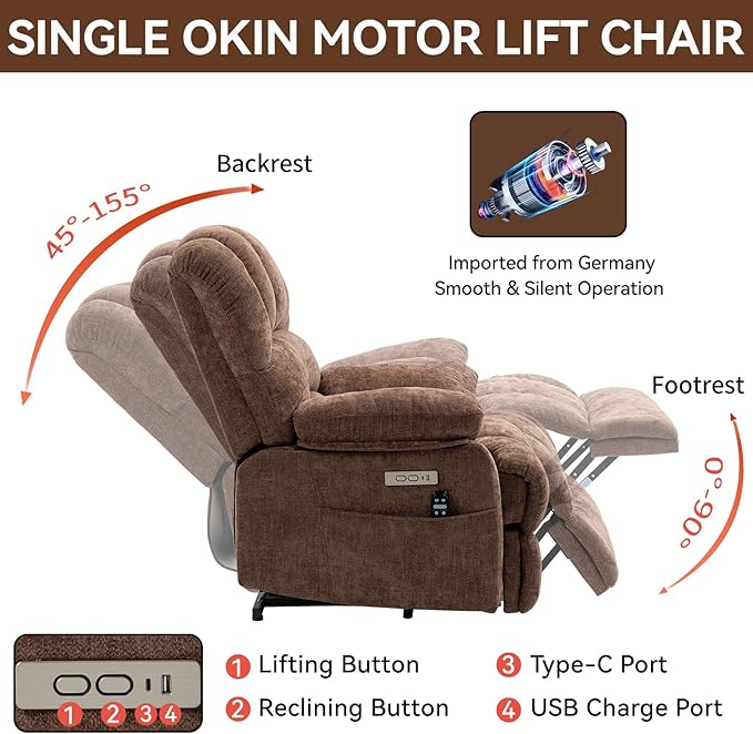 Large Power Lift Recliner Chair with Massage and Heat for Elderly, Ergonomic Backrest, Infinite Adjust, 2 Side Pockets,USB and Type-C Ports, Chenille Brown