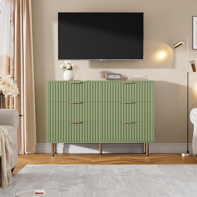Green 6 Drawer Dresser for Bedroom, Fluted 47.2" Wide Modern Chest of Drawers with Deep Drawers, Long Large Double Dresser TV Stand for Living Room, Hallway, Kids Room