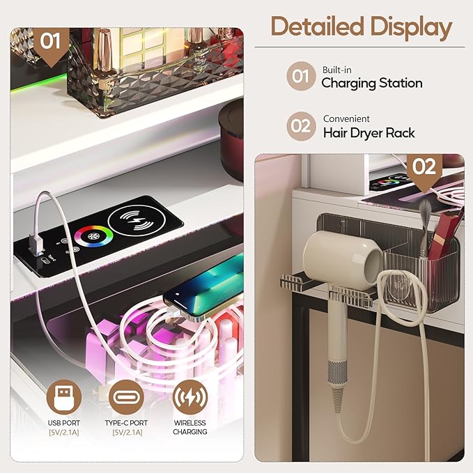 RGB Vanity Desk with Mirror and Lights, Glass Top Makeup Vanity with 6 Drawers & Wireless Charging,Vanity Table Set with RGB Cabinet Light and Jewelry Box, for Girls Bedroom, White