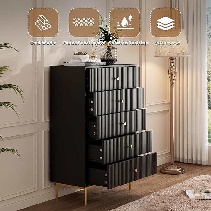 5 Drawer Dresser for Bedroom, Tall Dresser Chest of Drawers with Gold Handles, Wood Storage Cabinet for Bedroom, Black