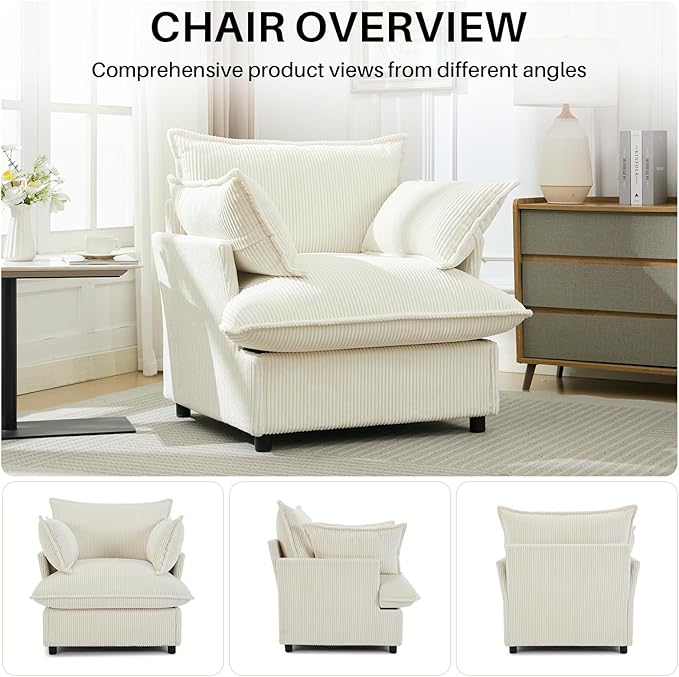 35.4" Wide Oversized Corduroy Single Sofa Chair with 2 Pillows, Modern Upholstered Accent Chair Armchair for Livingroom Bedroom Apartment, Beige