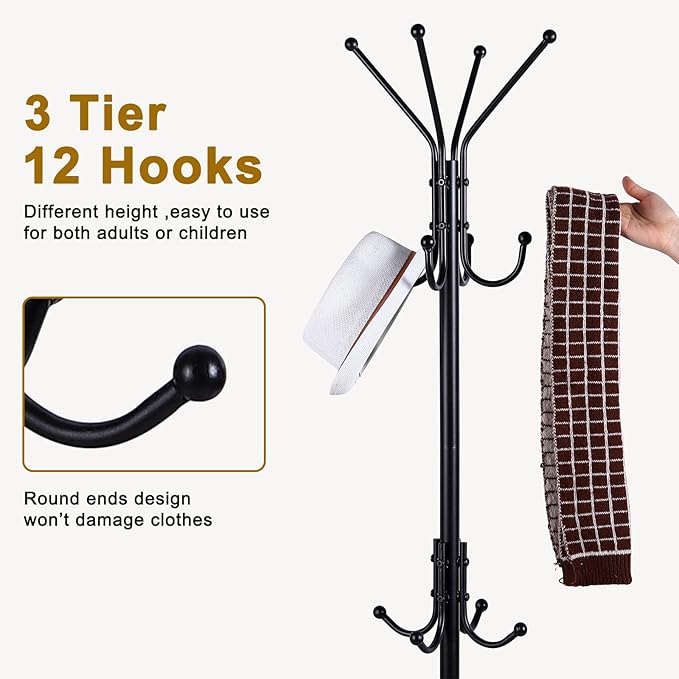 Metal Freestanding Coat Rack Stand with Umbrella Holder, 12 Hooks Coat Tree Black Modern Coat Hanger Stand for Coats, Hats, Scarves and Handbags for Entryway, Hallway, Bedroom, Office