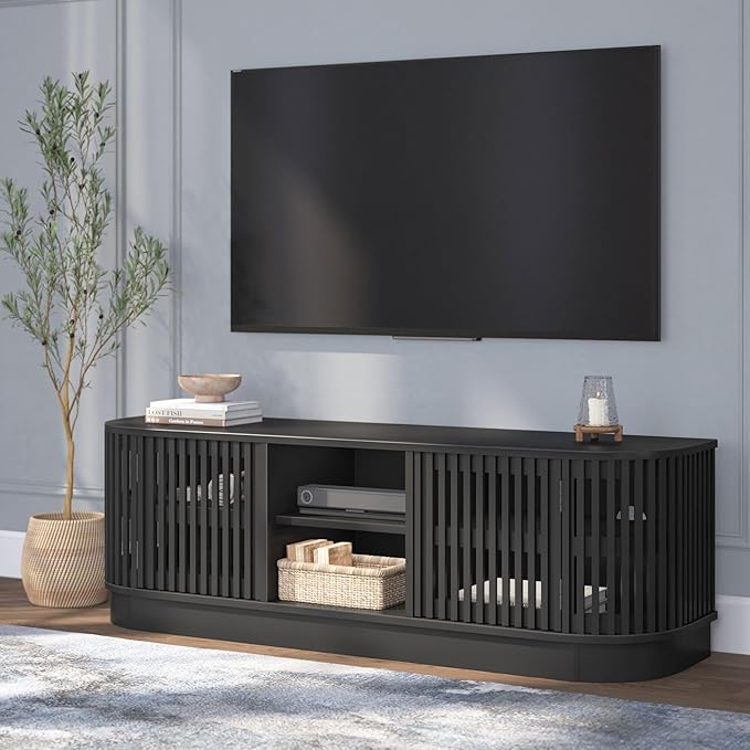 Plank+Beam Contour Wood TV Stand, Solid Wood Entertainment Console with Storage, 59" L x 16" W x 19" H, Black