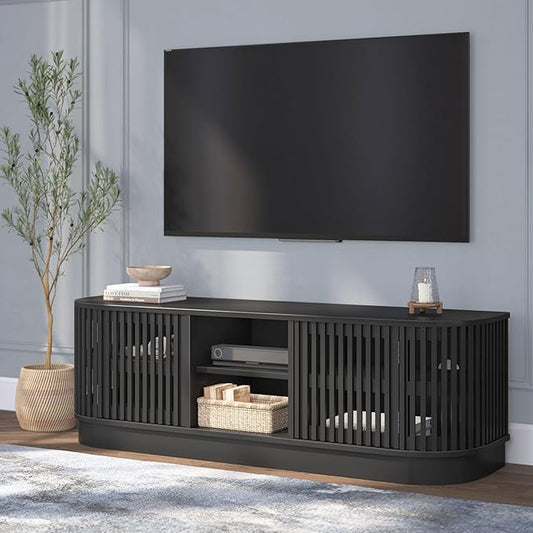 Plank+Beam Contour Wood TV Stand, Solid Wood Entertainment Console with Storage, 59" L x 16" W x 19" H, Black