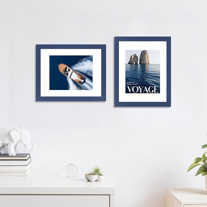 11x14 Picture Frame Set of 4, High Definition Real Glass, Display Pictures 8x10 with Mat or 11x14 Without Mat, Gallery Wall Hanging Photo Frames, Blue