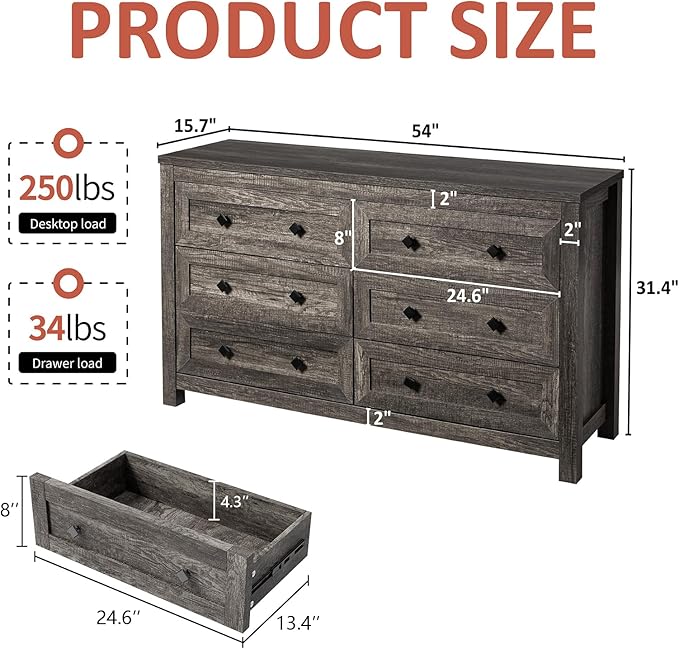 Farmhouse 6 Drawers Dresser, Wood Rustic Chest of Drawers for Bedroom, Closet Storage Dressers Organizer, 6 Drawers Chest for Living Room, Hallway, Grey