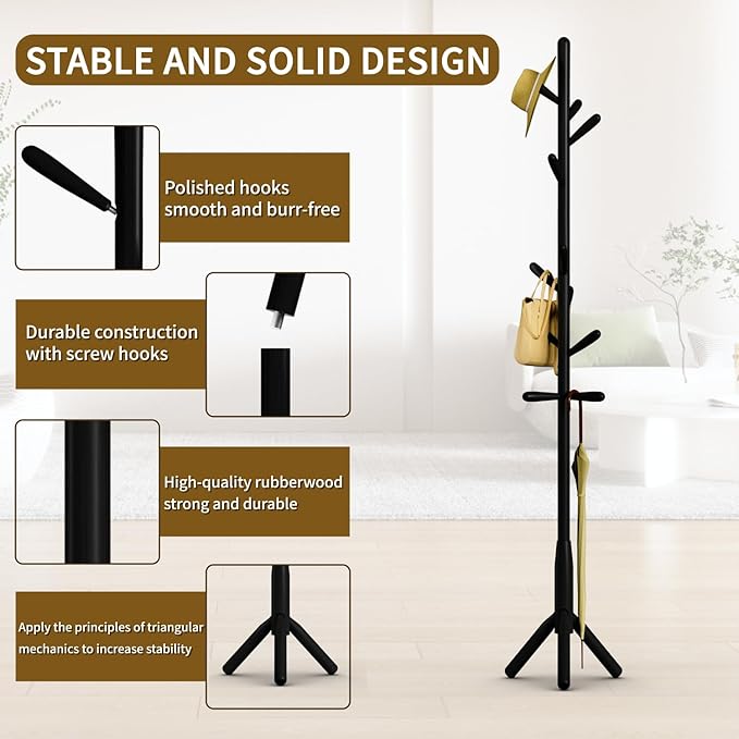 Solid Wood Coat Rack, Freestanding Tree-Shaped Coat Rack with 11 Hooks, Main Pole 1.6" dia for Clothes, Hat Stand Used in Bedroom/Office/Entryway (3-Leg Base, Black)