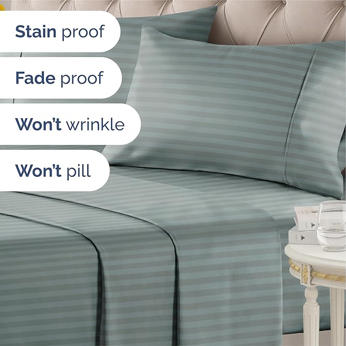 Striped Sheets - Green Striped Sheets - 1 Flat & 1 Fitted & 2 Pillowcases w/ Deep Pockets – Comfy, Wrinkle & Fade Free - Soft, Breathable and Cooling – Luxury Pinstripe Bedding - Queen Size Bed Set
