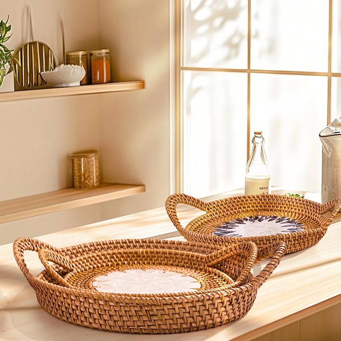 3 Pack Round Rattan Tray, Natural Handwoven Rattan Serving Tray with Mother Pearl Inlay Base, Decorative Boho Coffee Table Trays with Handles, Wicker Organizer for Snacks, Jewelry, Candles, Vanity