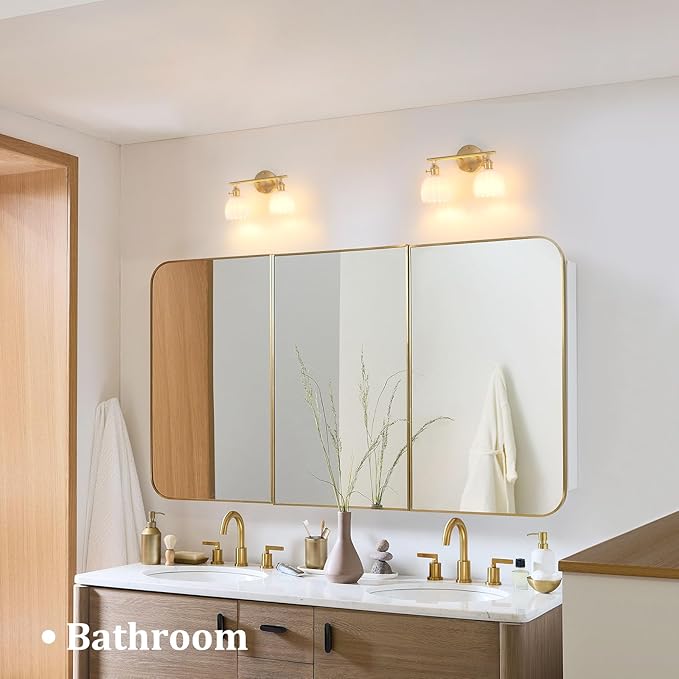 Bathroom Light Fixtures, 2-Light Brass Vanity Wall Light Over Mirror with White Tulip Glass Shade for Bedroom Living Room