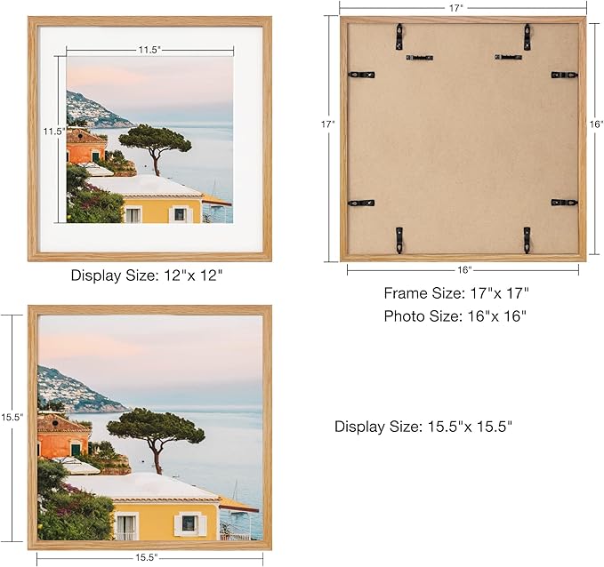 Axeman 16x16 Picture Frame with Mat for 12x12, Solid Oak Wood Square Picture Frame with Tempered Glass, Wooden Square Photo Frame 16''x16'' for Art Photo and Prints, Wall Hook Included, Natural