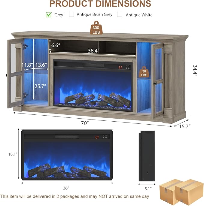 Farmhouse Fireplace TV Stand Up to 80" TVs, 70" Modern Highboy Entertainment Center with 36" Electric Fireplace & LED Lights, Media Console with Adjustable Shelves for Living Room, Gray
