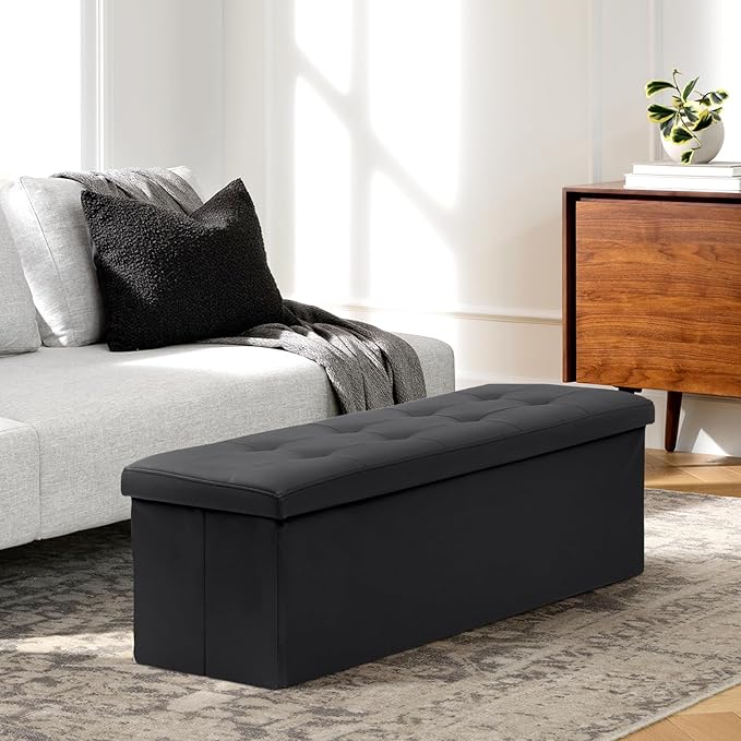 Athena Collection Leather Ottoman Bench with Storage, 43 Inches Large End of Bed Storage Ottoman Bench, 130L Load 220 Lbs Foot Rest for Bedroom, Living Room, Entyway, Black