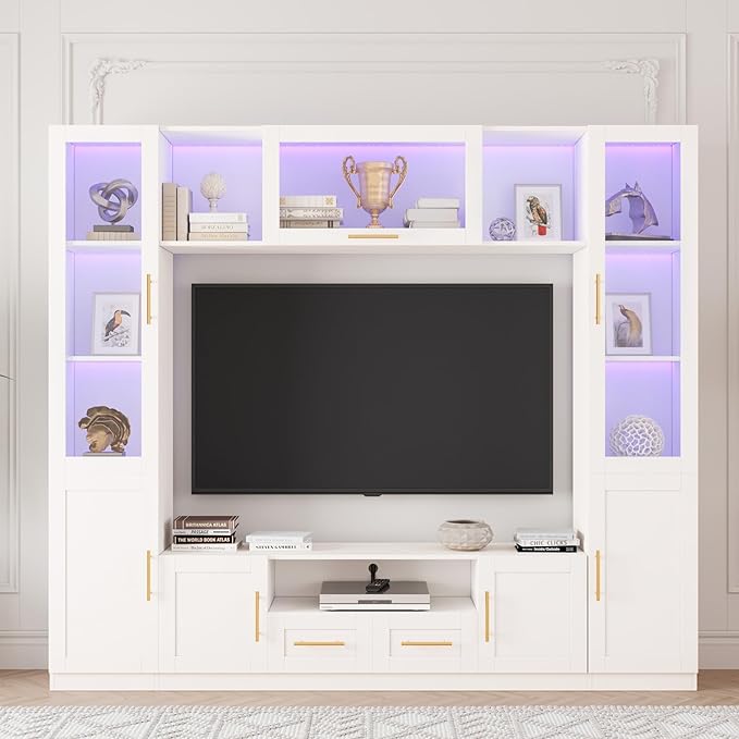 94" Wall Unit Entertainment Center for TVs up to 70", Modern TV Console with LED Lights, Multifunctional TV Stand with Tempered Glass Door, Drawers & Shelves for Living Room, White