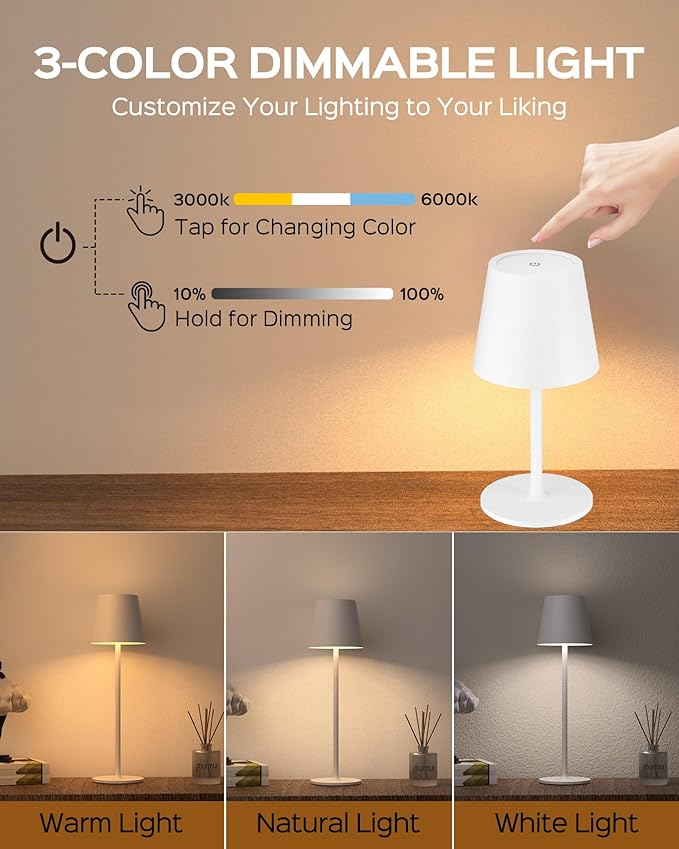 JACKYLED Cordless Table Lamps Rechargeable, 3 Adjustable Height, 5000mAh Battery Operated, 3 Colors Smooth Dimming, Portable LED Waterproof Table Lamp for Dining, Bedroom, Outdoor (2 Pack)