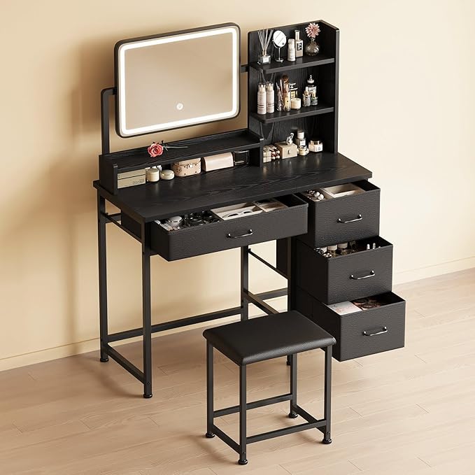 Makeup Vanity Desk with Mirror and Lights, Small Vanity with Fabric Storage Drawer & Chair & Shelves,Black Compact Makeup Vanity Set for Bedroom
