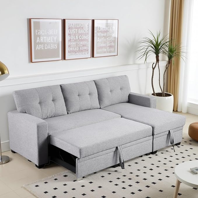 L-Shape Sofa Bed, 82" Sectional Couch with Storage Chaise, Pull Out Sleeper Sofa with Removable Back Cushions, Convertible Corner Couch for Living Room Apartment, Gray