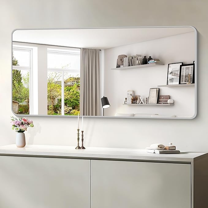 30x60 Inch Silver Bathroom Mirror, Large Rectangular Vanity Mirror, Metal Framed Rectangle Mirror, Rounded Corner Wall Mounted Mirrors for Living Room Bedroom Entryway Horizontal or Vertical