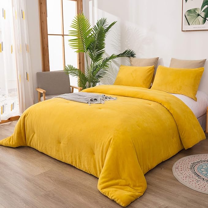 Cottonight Yellow Velvet Comforter Set Full Women Men Mustard Yellow Flannel Plush Fluffy Bedding Comforter Set Full Warm Heavyweight Winter Shearp Micromink Quilts Comforter Soft Comfy