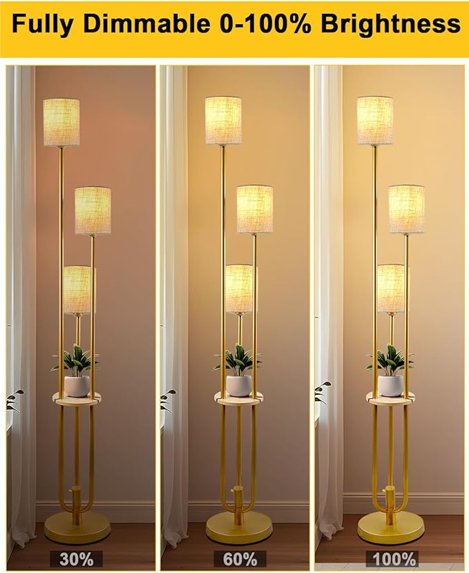Lightdot Dimmable Floor Lamp for Living Room 3-Light Candle Holder Style Modern Floor Lamps with Table&Linen Beige Shade 3000K Warmwhite Gold Standing Lamp for Bedroom (Bulbs Included)