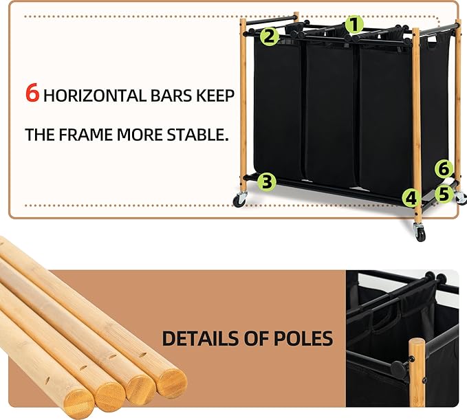 STORAGE MANIAC 3 Section Laundry Sorter, 35.9 Gal (136 L) Laundry Hamper Cart with Heavy Duty Rolling Lockable Wheels and Removable Bags, Clothes Organizer Basket Clothes Separator Hamper, Bamboo