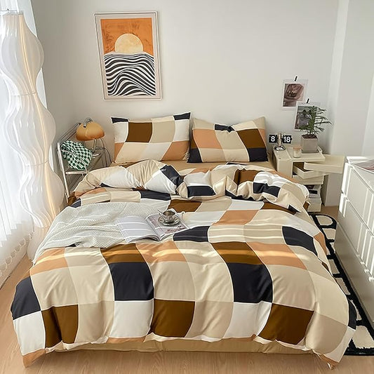 Luxlovery Beige Brown Plaid Comforter Set King Checkered Bedding Set Grid Geometric Blanket Quilts Soft Breathable Buffalo Modern Abstract Comforter for King Bed