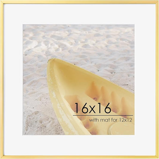 16x16 Metal Square Picture Frame For Wall With Mat For 12x12, 16''x16'' Aluminum Photo Frames With Tempered Glass For Home Decor, Minimalist Modern Poster Frame Horizontally Vertically, Gold