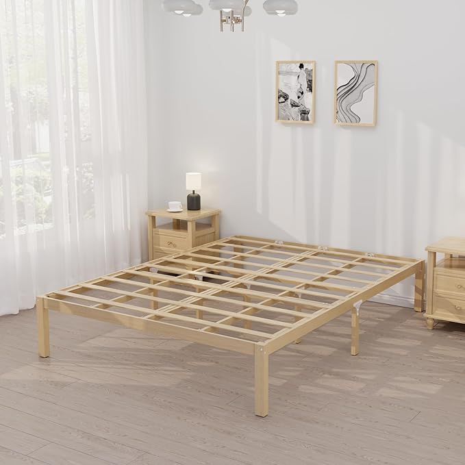 14 Inch Bamboo Bed Frame – Queen Size Solid Wood Platform Bed Frame, Strong and Stable, with Non-Slip Slats for Support, No Box Spring Needed, Easy to Assemble, Noise-Free (Natural, Queen)