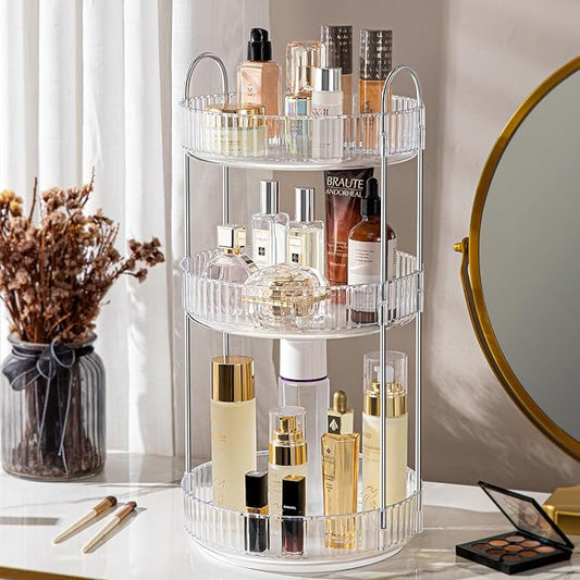 360° Rotating Makeup Organizer for Vanity, Spinning Cosmetics Organizer Holder Rack, Large Capacity Bathroom Organizer Countertop, Fits Perfume, SkinCare, Makeup Brushes 3 Tiers, Transparent