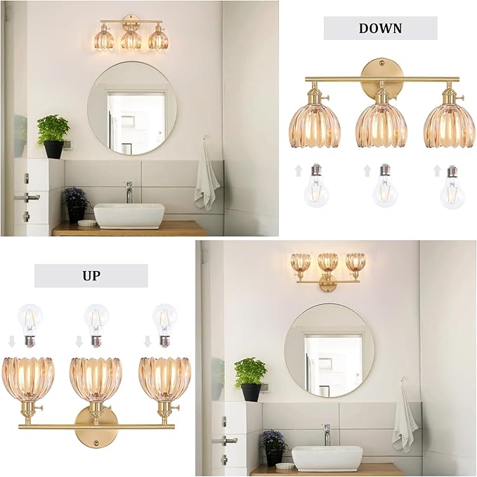Bathroom Light Fixtures, 3-Light Brass Vanity Wall Light Over Mirror with Amber Tulip Glass Shade for Bedroom Living Room