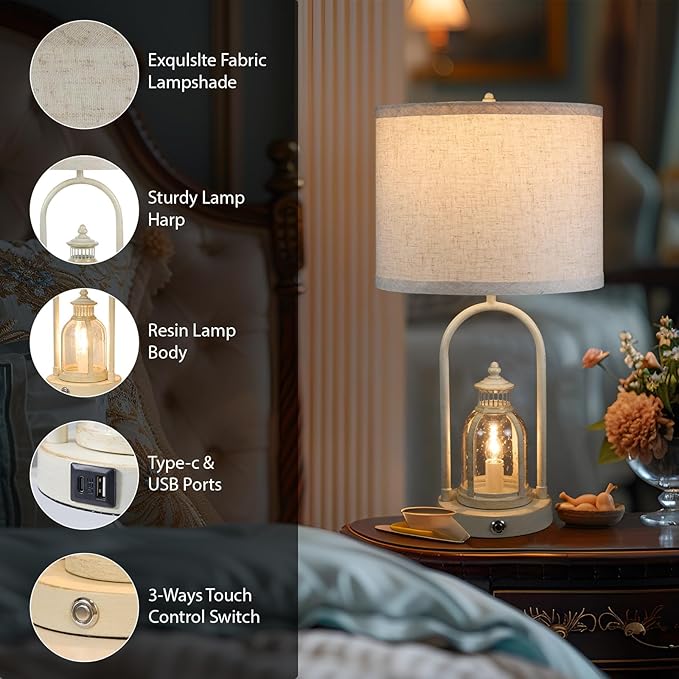 Farmhouse Lantern Table Lamps for Living Room Set of 2,Rustic Vintage Bedroom Nightstand Beside Desk Lamp with 2 USB Charging Ports,Dimmable Touch Night Light,4 Bulbs Included (White)