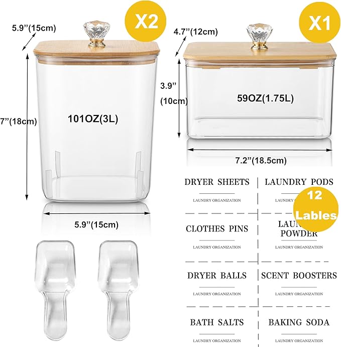 3 Pack Large Laundry Powder Container and Dryer Sheet Holder with Airtight Lid, Clear Plastic Laundry Pods Container for Laundry Room with Scoops, 12 Lables