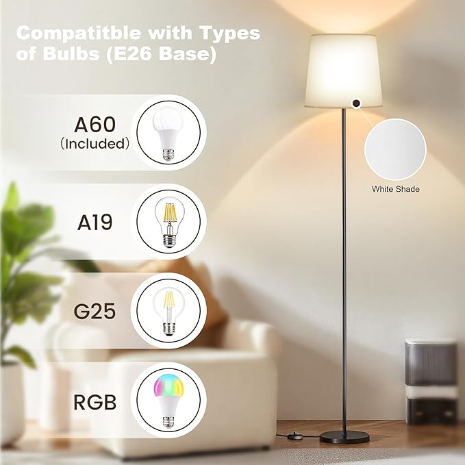 Floor Lamp with White Fabric Shade - Dimmable Standing Lamp with Foot Switch, 3 Light Modes, 9W E26 LED Bulb Included, 62" Floor Reading Light for Living Room Bedroom Office Corner, Black