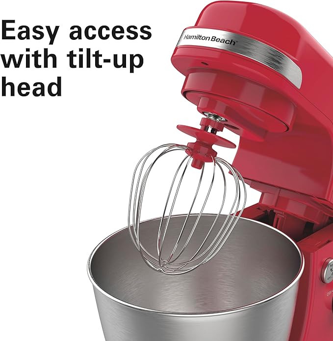 Hamilton Beach Electric Stand Mixer, 4 Quarts, Dough Hook, Flat Beater Attachments, Splash Guard 7 Speeds with Whisk, Red