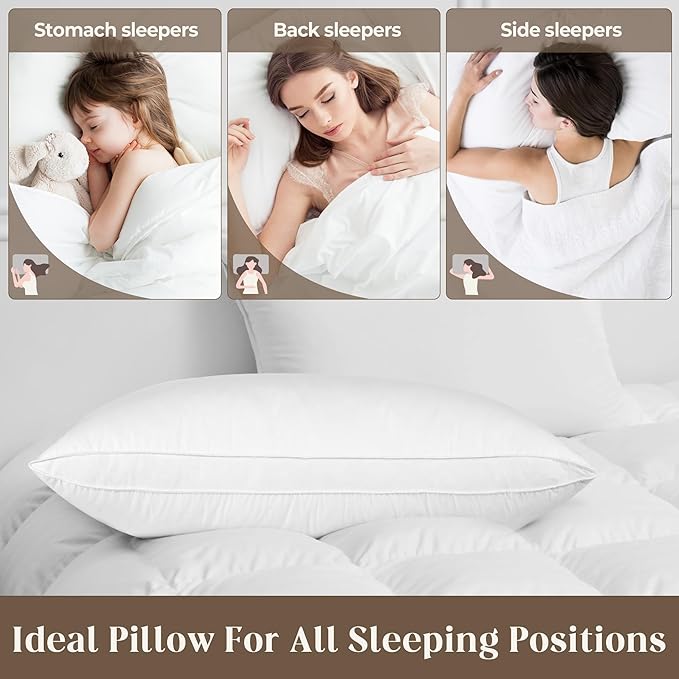 Goose Down Feather Pillows, Soft Bed Pillows King Size Set of 2, 100% Soft Cotton Shell,Gusseted Hotel Pillows for Back, Stomach or Side Sleepers