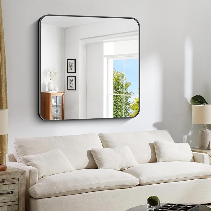 Bathroom Mirror, 42x42 inch Black Square Wall Mirror, Rounded Corner Aluminum Metal Frame Vanity Mirror, Large Wall Mounted Mirrors for Over Sink Bedroom Living Room Entryway