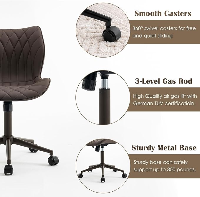 YOUNUOKE Armless Desk Chair Comfy Office Chair with Wheels Home Ergonomic Task Chair Adjustable Computer Chairs Modern Faux Leather Swivel Chair Upholstered Makeup Vanity Chair with Back(Brown)
