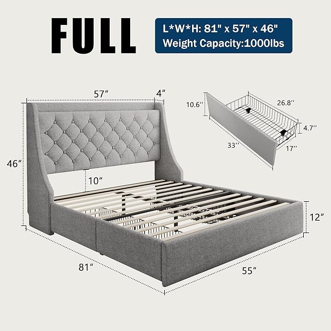 Full Size Bed Frame with 4 Storage Drawers, Giant Upholstered Wingback Headboard, Fast Charging Station, No Box Spring Needed, Noise-Free, Light Gray