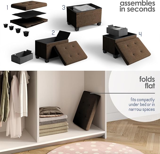 STORAGEBUD Storage Ottoman Cube with Small Bin, 16-in Square Ottoman with Storage for Living Room and Bedroom, Small Ottomans Foot Rest, Velvet Foot Stools Ottomans Max 330lbs, Brown