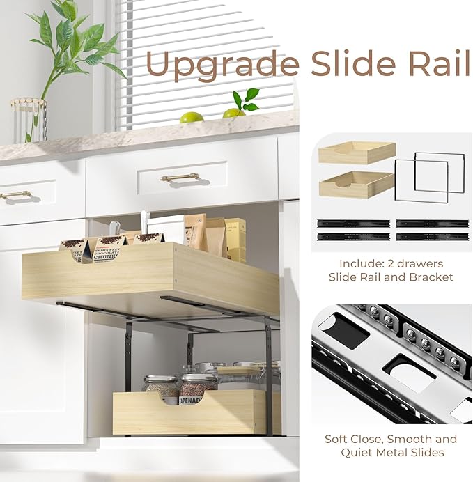 COOLBEBE Pull Out Drawer Organizer for Cabinets, 2 Tier Soft Close Cabinet Drawers Slide Out, 2 Layer Wood Double Tier Pull Out Shelves for Kitchen, Pantry, Bathroom