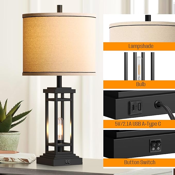 ROTTOGOON 27.5 Tall Farmhouse Table Lamps with USB C + USB A Charge Ports, Rustic Living Room Lamps Set of 2, Black Industrial End Table Lamp for Bedroom Living Room Nightstand (Black)
