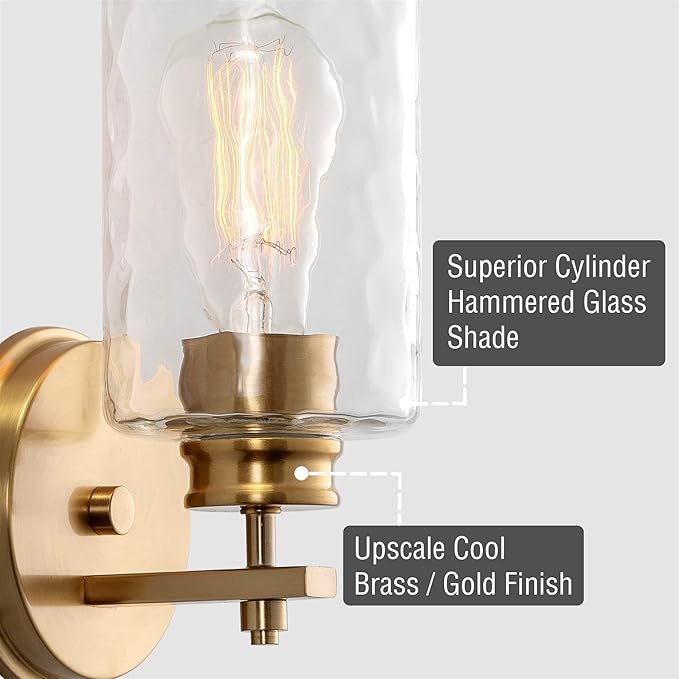 Kira Home Phoebe 10" Modern Wall Sconce/Vanity Light + Clear Hammered Glass Shade, Cool Brass Finish