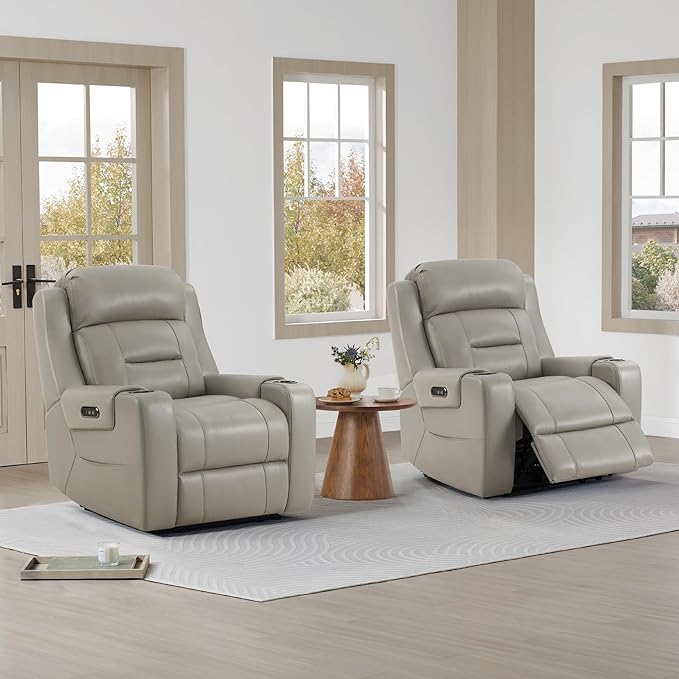 Watson & Whitely Genuine Leather Power Recliner Chairs for Adults, Lay Flat Recliner with Power Headrest, USB Ports and Cup Holders, Electric Reclining Sofa for Living Room, Bedroom, Grey