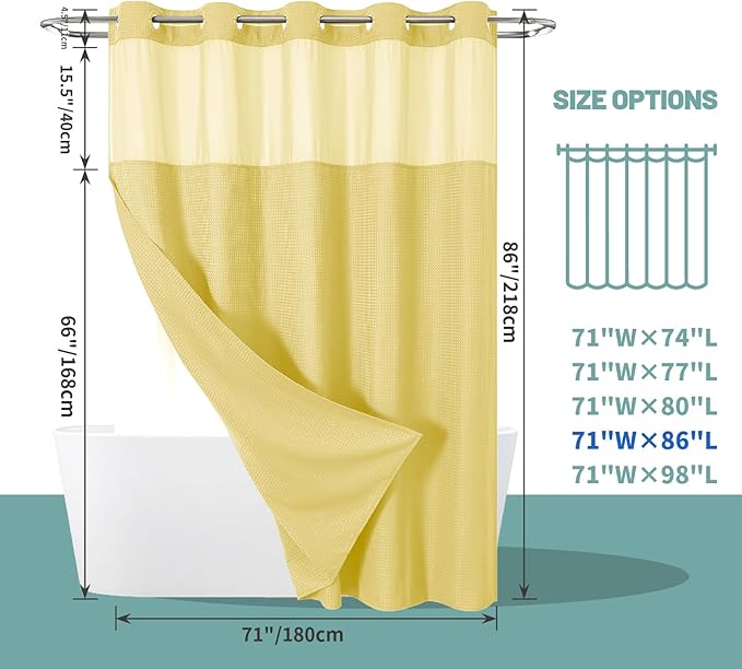 Yellow No Hook Waffle Weave Shower Curtain with snap-in Liner Replacement, 230GSM Waterproof Fabric Hotel Shower Curtain Set for Bathroom, Through Mesh Top Window,71Wx86H