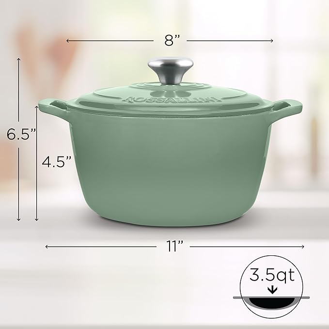 Signature Enameled Cast Iron Dutch Oven, Non-Stick Serving Pot with Tight Fitting Lid for Perfect Roasting, Baking, Sauteing, and Bread Making | 3.5Q (3.3L) - Sage
