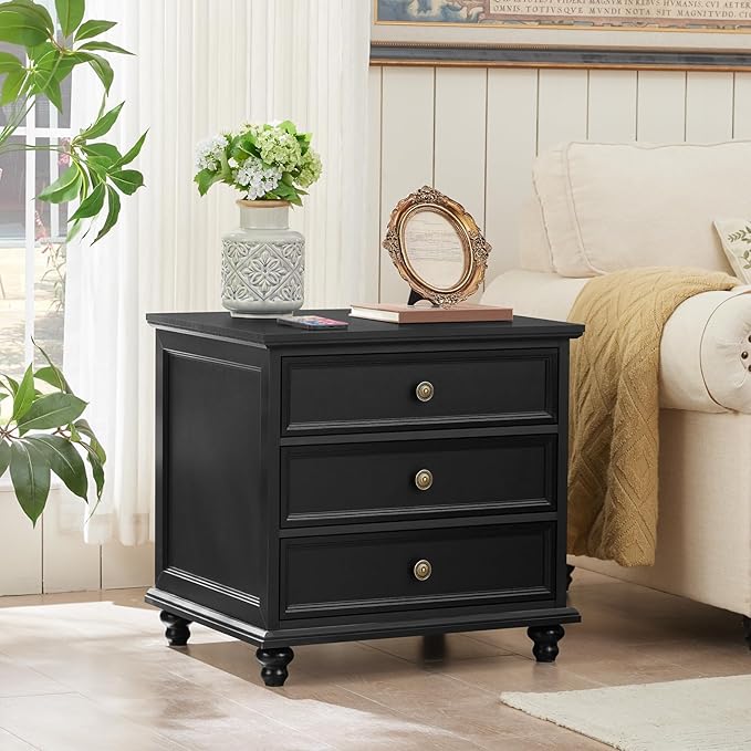 24" Wide Farmhouse Night Stand Set of 2,Large End Table with 3 Drawers & Metal Handle,Black Wood Dresser for Bedroom,Bed Side Table Chest of Drawers Cabinet,Nightstand for Living Room,Closet