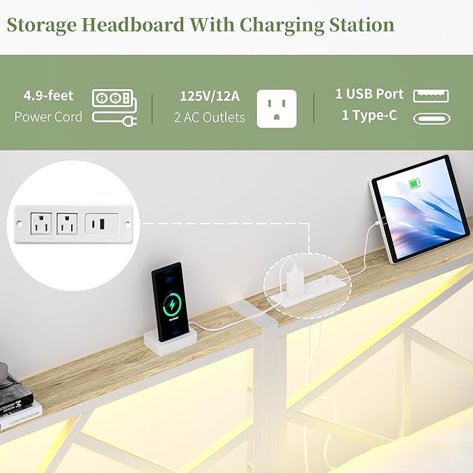 Queen White Metal Bed Frame with USB Charging Station, LED Ambient Lighting, and Wooden Storage Headboard - Includes Under-Bed Storage, No Box Spring Needed, Noise Free, Easy to Assemble