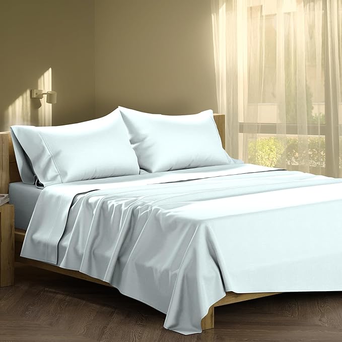 XOOX Linen 100% Cotton King Size Sheets Set - 500 Thread Count, 4 PC Cotton Sheets for King Bed, Deep Pocket King Sheet Set for Hot Sleepers, Soft Cooling Sheets - Sea Foam